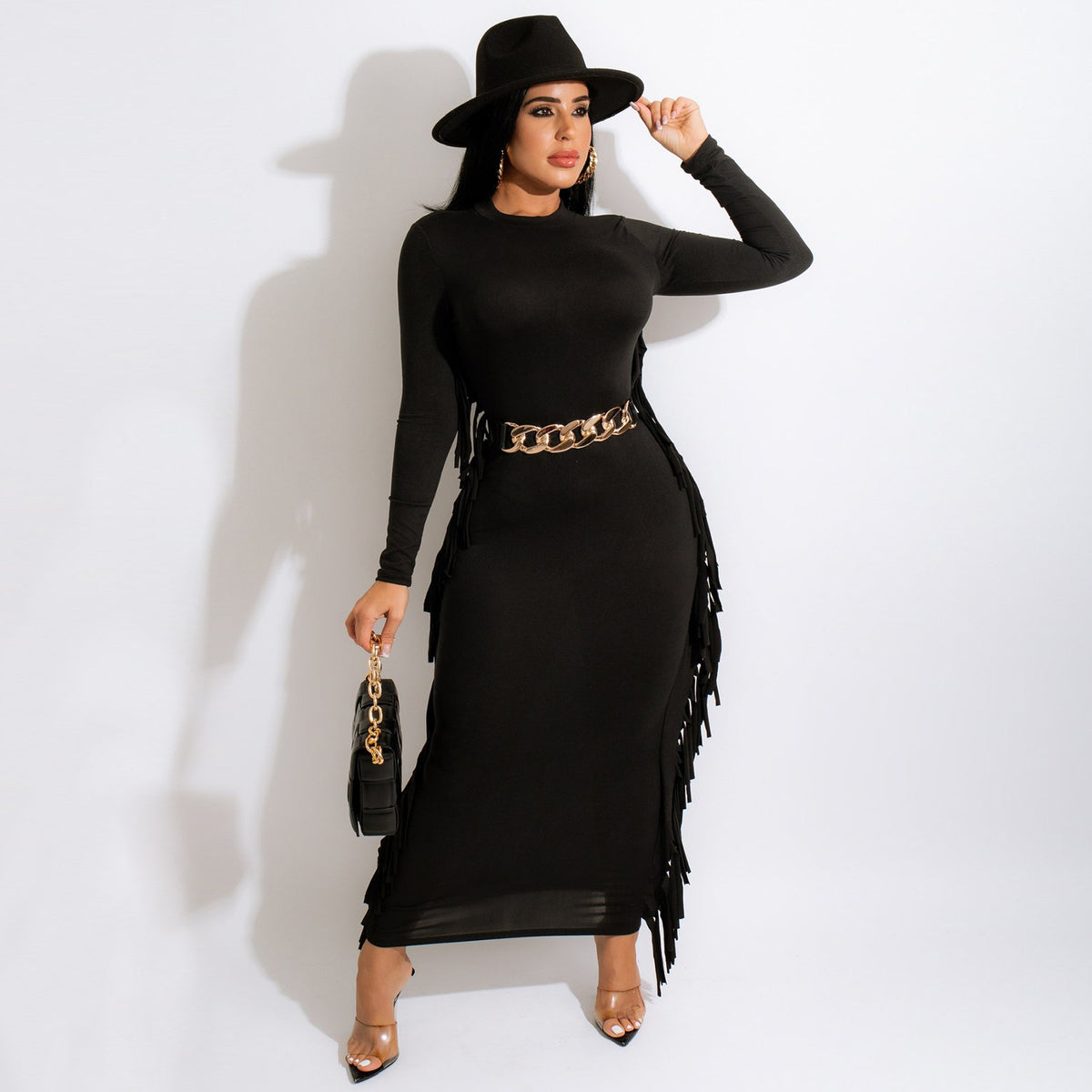 Tassel Sleeve Bodycon Maxi Dress