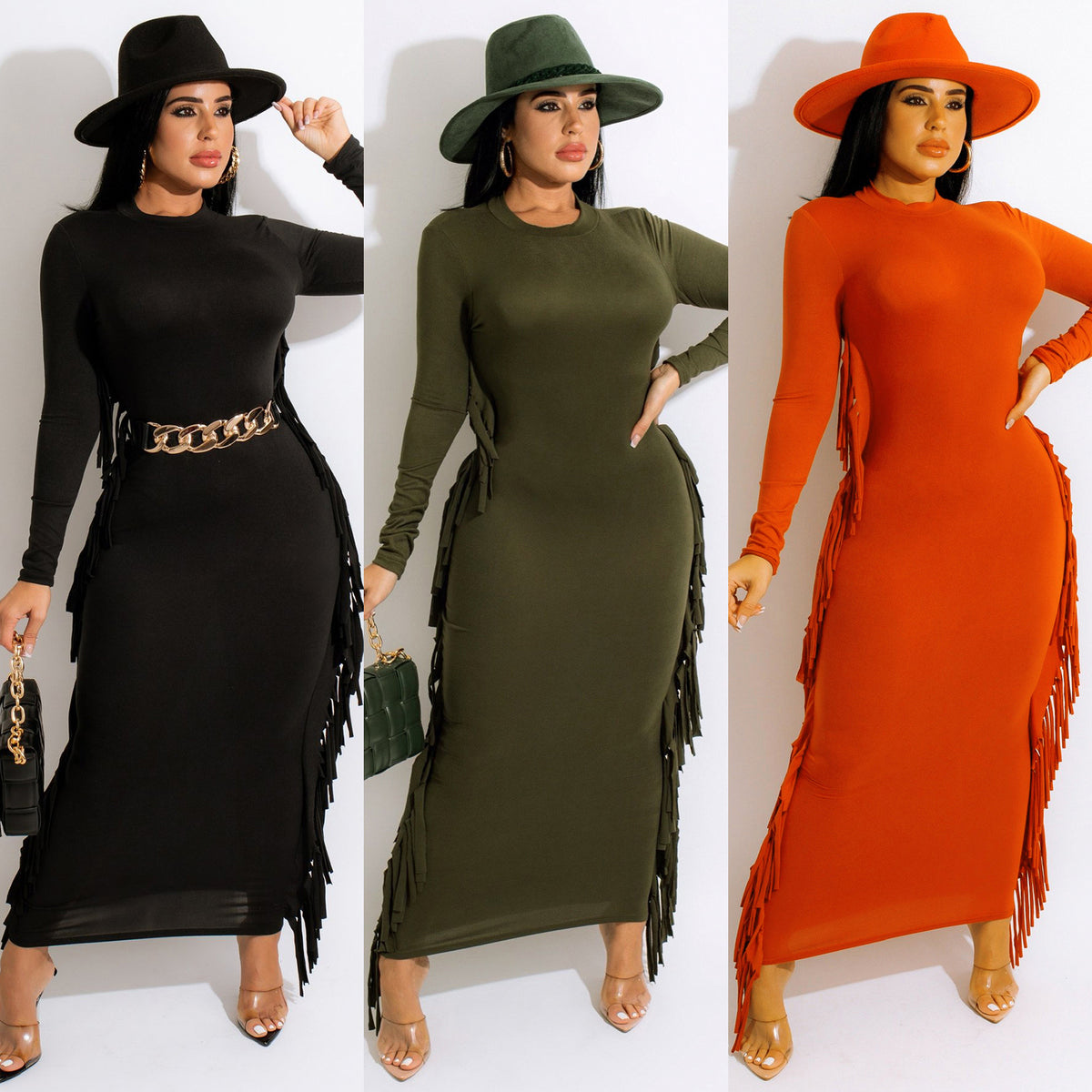 Tassel Sleeve Bodycon Maxi Dress